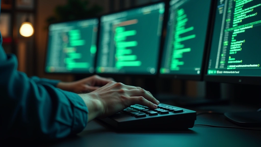 Close-up of hands typing on mechanical keyboard with green matrix code background, professional tech workspace with multiple screens showing cloud infrastructure dashboard and terminal windows