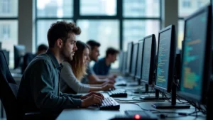 Modern university computer lab with high-performance workstations, dual monitors, ergonomic chairs, students collaborating over code, bright natural lighting, professional tech environment