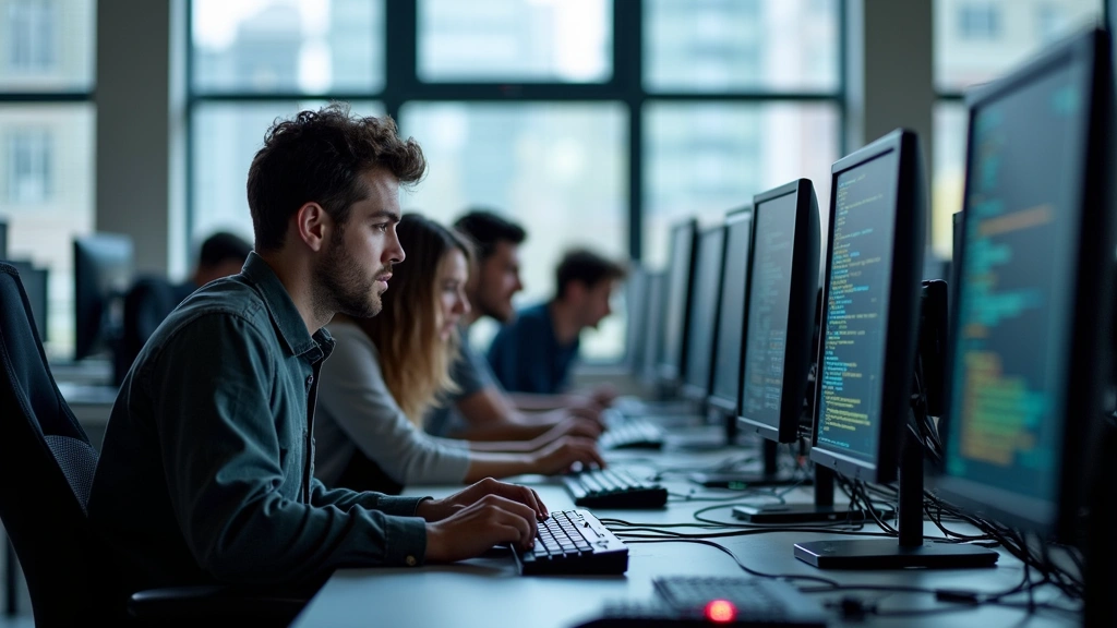 Modern university computer lab with high-performance workstations, dual monitors, ergonomic chairs, students collaborating over code, bright natural lighting, professional tech environment