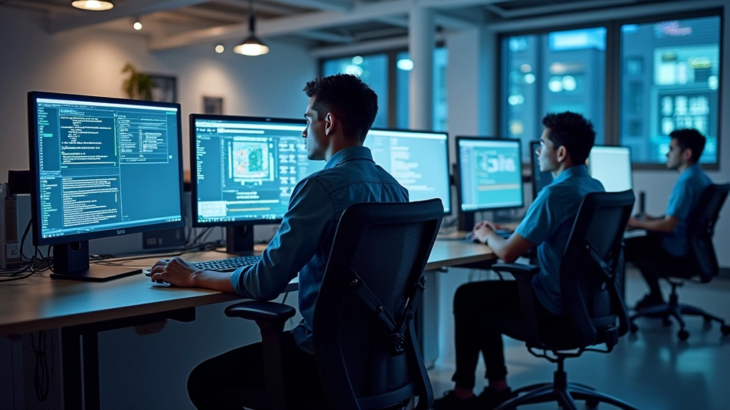 Modern computer lab with professional workstations, dual monitors, ergonomic chairs, clean cables, bright lighting, focused student working at desk, engineering-focused environment
