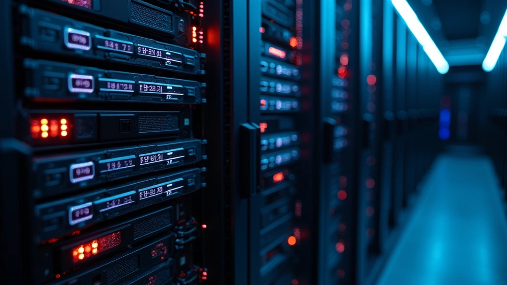 High-performance GPU server rack with cooling systems, LED indicator lights, professional networking cables, data center environment, server hardware visible, industrial aesthetic