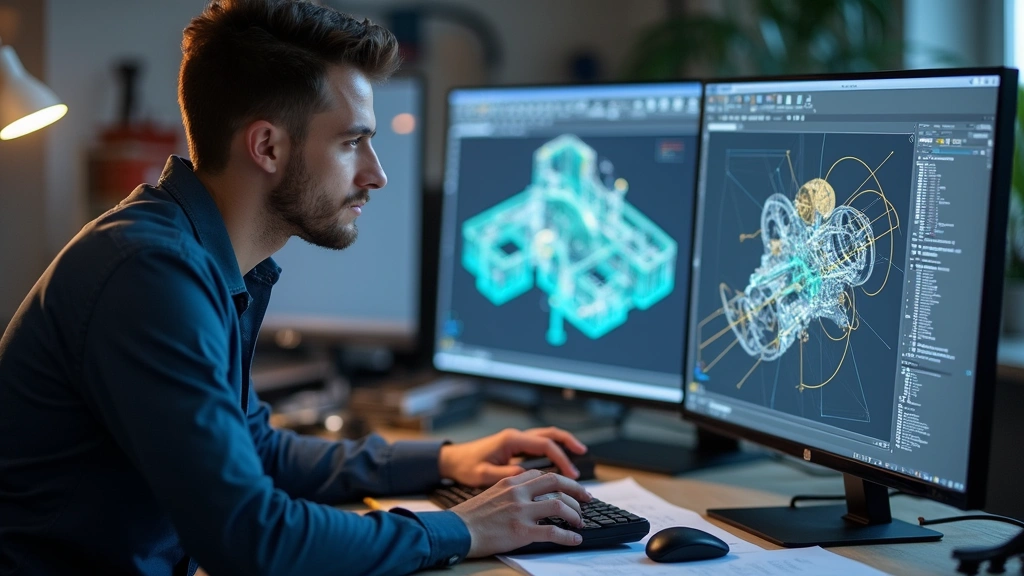 Engineering student using CAD software on high-resolution display, mechanical design visible on screen, professional workspace, engineering tools nearby, focused concentration