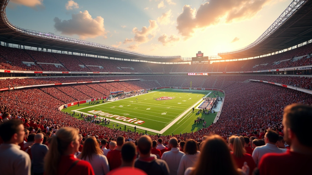 Professional college football stadium packed with enthusiastic fans, crisp autumn lighting, team colors visible in crowd, dynamic stadium atmosphere, photorealistic HD quality