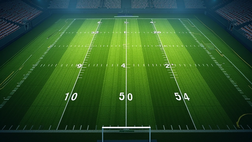 Overhead view of American football field with yard markers and white lines, green turf texture, professional stadium lighting, tactical perspective, no text or logos visible