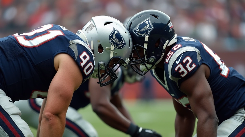 Close-up of football players in intense physical competition at line of scrimmage, realistic tackling form, helmet-to-helmet engagement, dynamic athletic movement, professional sports photography quality