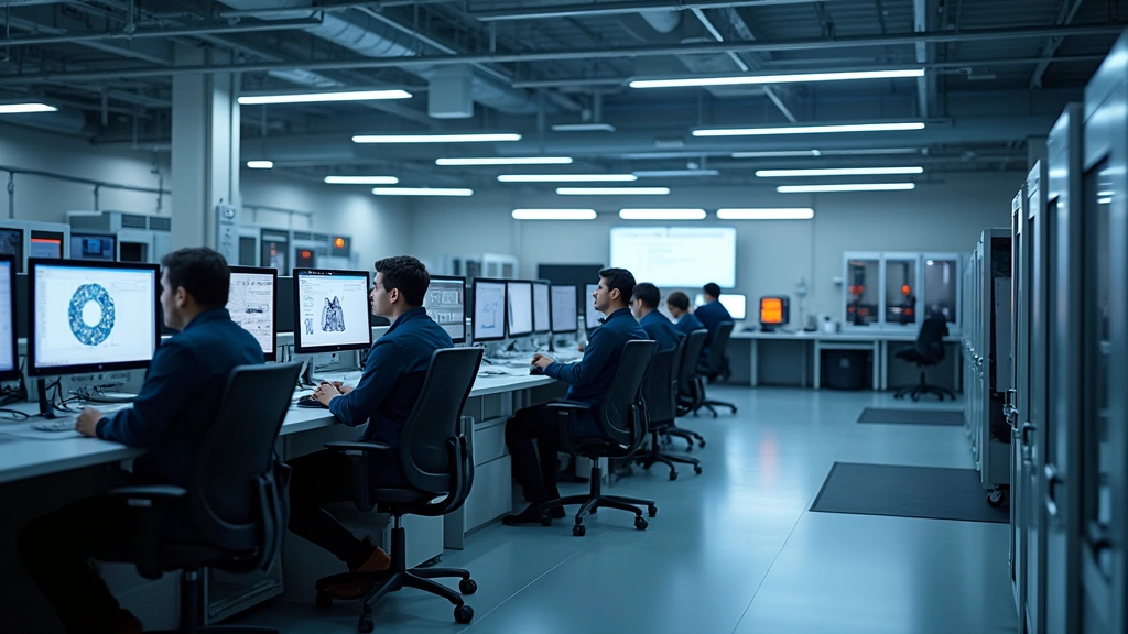 Modern university engineering laboratory with students using CAD workstations and 3D printers, bright fluorescent lighting, multiple computer monitors displaying technical designs, realistic professional environment