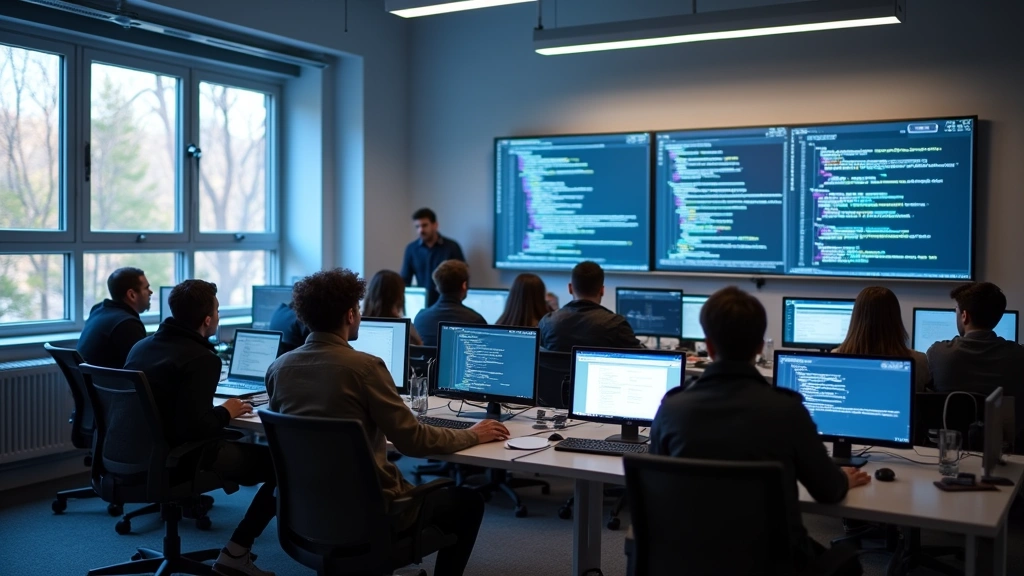 College campus computer science classroom featuring advanced technology infrastructure, students collaborating at desks with laptops and dual monitors, whiteboards with code snippets, contemporary university setting