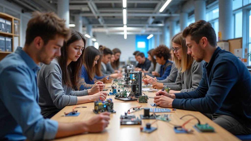 University innovation center and maker space with diverse students working on robotics projects, 3D printers printing components, electronics workbenches with soldering equipment and circuit boards, modern tech facility