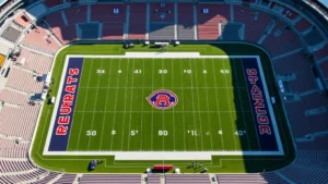 High-angle overhead shot of a modern college football stadium field with yard lines and team logos clearly visible, bright midday sunlight creating sharp shadows, professional photography style