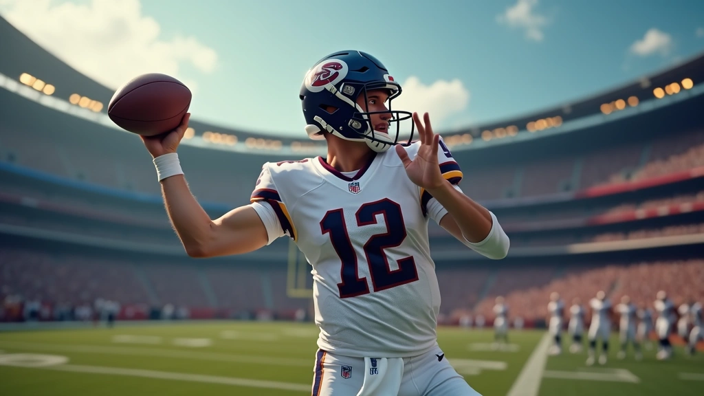 Close-up of quarterback throwing motion mid-release, showing athletic form and concentration, stadium background blurred, photorealistic sports photography with dynamic lighting
