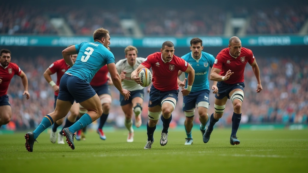 Wide shot of defensive line charging forward in aggressive formation, multiple players showing athletic drive and intensity, grass field and stadium environment, professional sports action photography