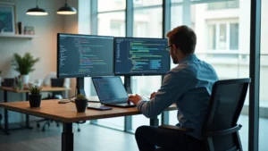 Professional tech worker at modern standing desk with dual monitors, laptop, and professional gadgets in a bright office environment with natural lighting