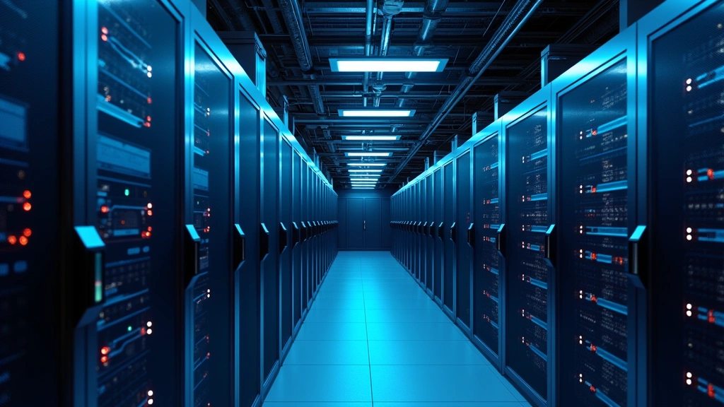 Data center server room with organized rack-mounted equipment, blue LED indicators, network cables, and infrastructure hardware in industrial facility