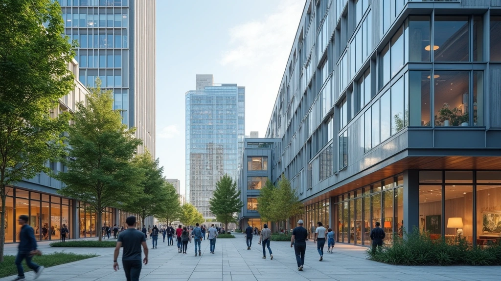 Tech campus or innovation hub exterior showing modern building architecture, glass facades, and outdoor collaborative workspace with professionals walking