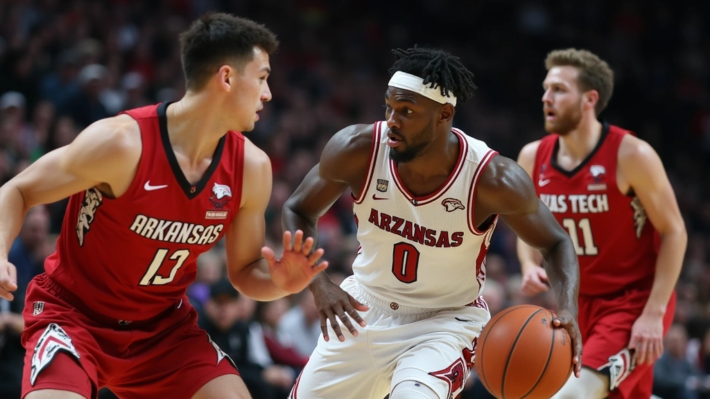 Professional college basketball players in defensive stance during intense game, wearing Arkansas Razorbacks red and Texas Tech Red Raiders uniforms, mid-play action shot with focused intensity and athletic movement