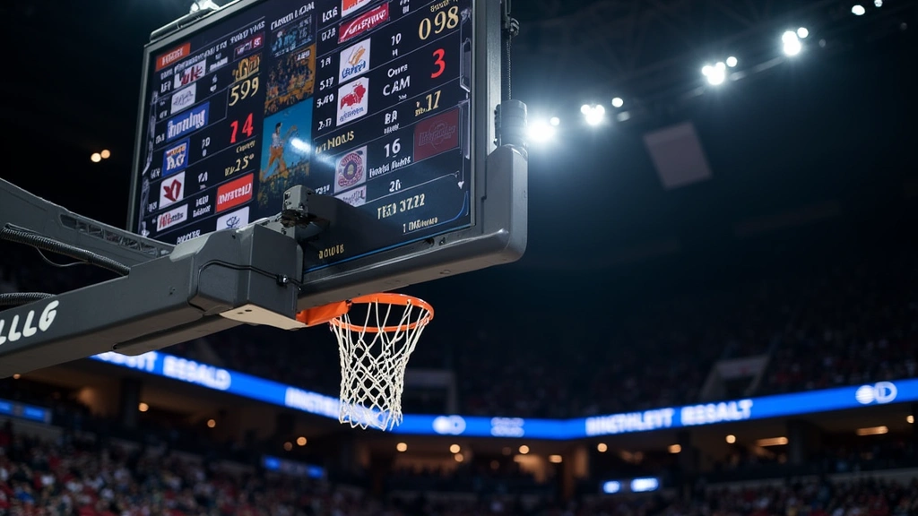 Modern basketball arena scoreboard displaying game statistics, shot clock, and score between two college teams, with crowd in blurred background and professional lighting setup