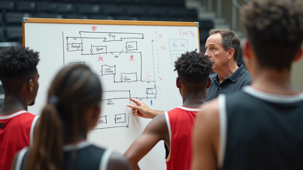 College basketball coach drawing offensive play on whiteboard during timeout, pointing at diagram with intense focus, players gathered around listening intently to strategy instructions