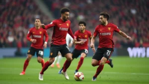 Professional football players in red and black uniforms executing passing play during stadium game with crowd in background