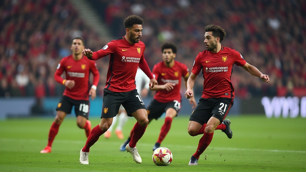 Professional football players in red and black uniforms executing passing play during stadium game with crowd in background