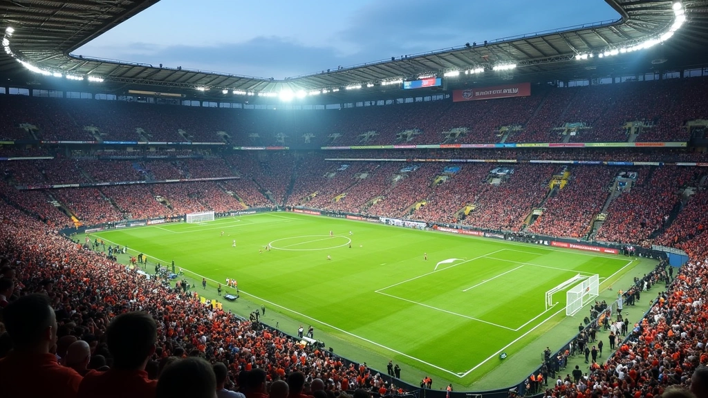 Football stadium aerial view during game with packed crowd and field markings visible