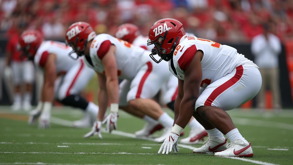 Defensive players in formation preparing for offensive snap during collegiate football game