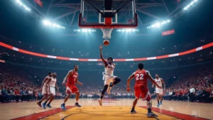 Professional basketball arena during evening game with players competing intensely, arena lights illuminating the court, crowd visible in background, photorealistic high-quality sports photography