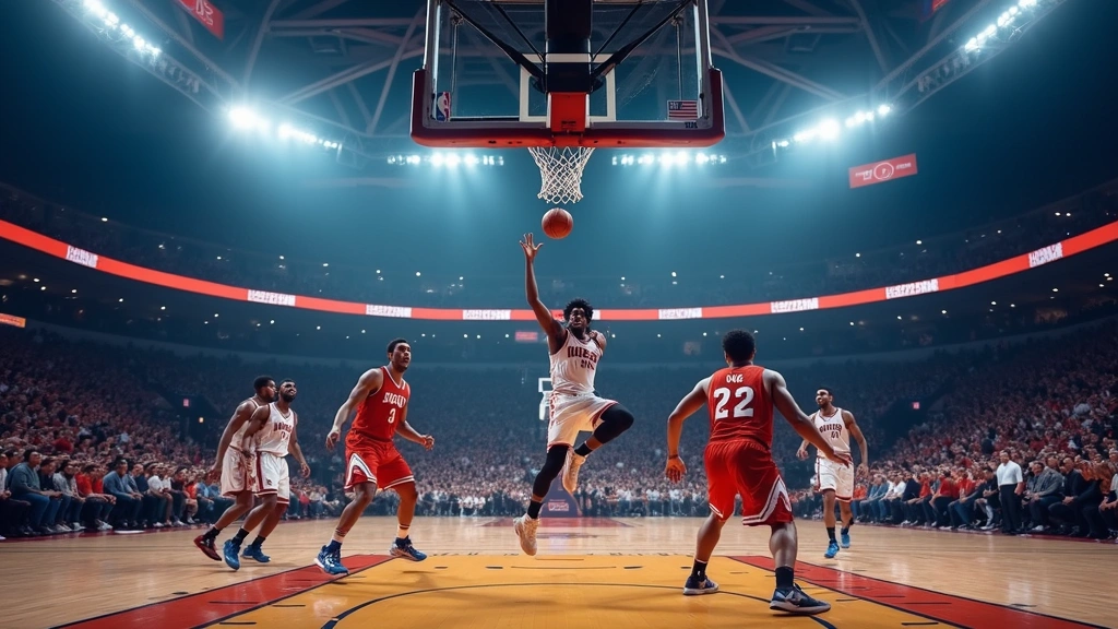 Professional basketball arena during evening game with players competing intensely, arena lights illuminating the court, crowd visible in background, photorealistic high-quality sports photography