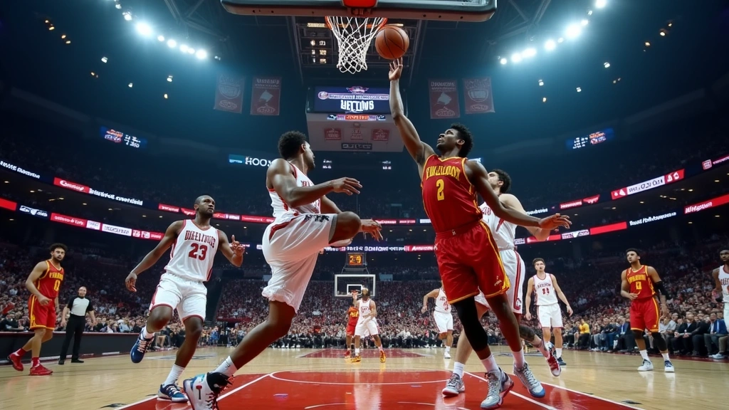 Basketball game final moments with scoreboard visible, players in action during clutch possession, arena atmosphere capturing competitive intensity, professional sports event photography