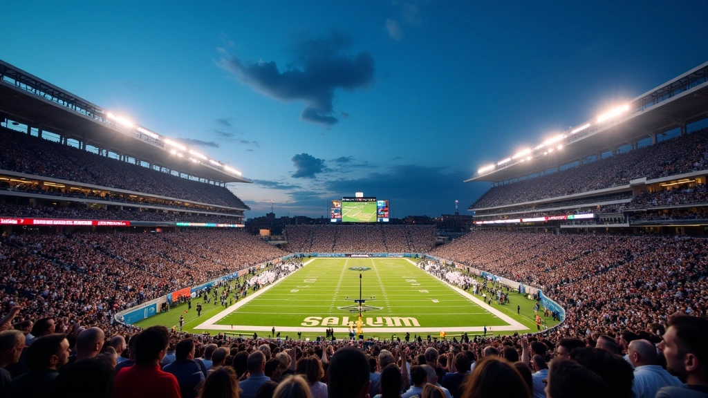 Professional wide-angle photograph of a modern college football stadium during evening game under bright stadium lights, with crowd enthusiasm visible, showing ticket gates and entrance areas with digital displays