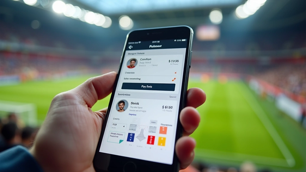 Close-up detailed shot of a mobile smartphone displaying a sports ticketing app interface with price information, seat selection maps, and payment options, held against a stadium background with blurred crowds