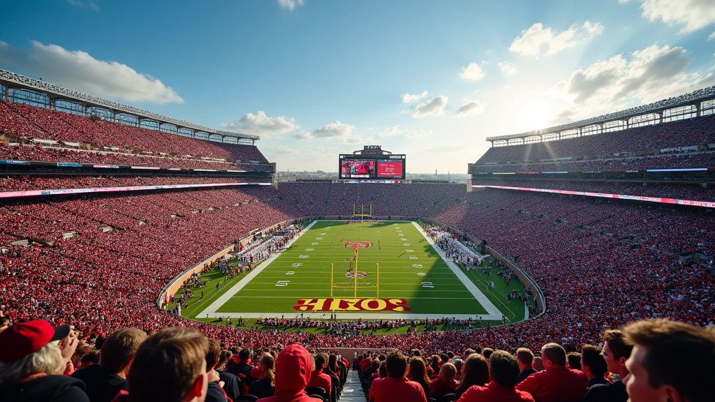 Panoramic view of a packed college football stadium during intense game action, showing multiple seating sections, scoreboards, and the dynamic energy of competitive sports attendance experience