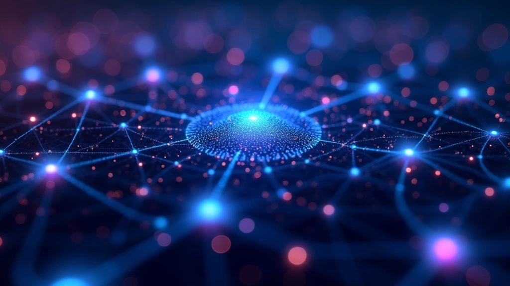 Futuristic AI neural network visualization with interconnected nodes glowing in blue and purple, representing advanced machine learning algorithms and data processing in a high-tech environment
