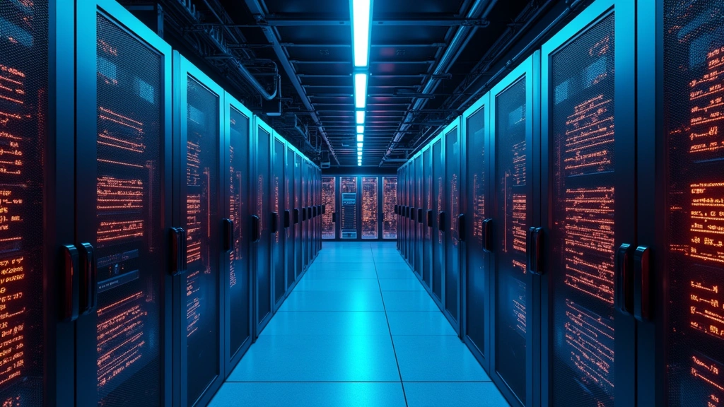 Advanced AI server infrastructure with glowing neural network visualizations in a modern data center facility, featuring rows of sophisticated computing equipment and fiber optic cables