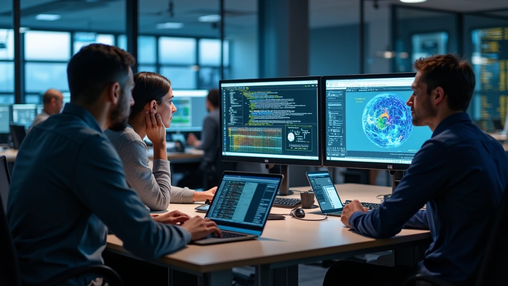 Diverse team of engineers and data scientists collaborating at a modern tech office workspace with multiple monitors displaying AI model visualizations and code, professional business casual attire