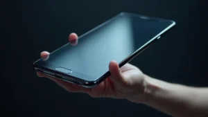 Professional product photography of modern smartphone with visible Gorilla Glass surface, held at slight angle showing reflective properties and crystal-clear display, professional lighting studio environment