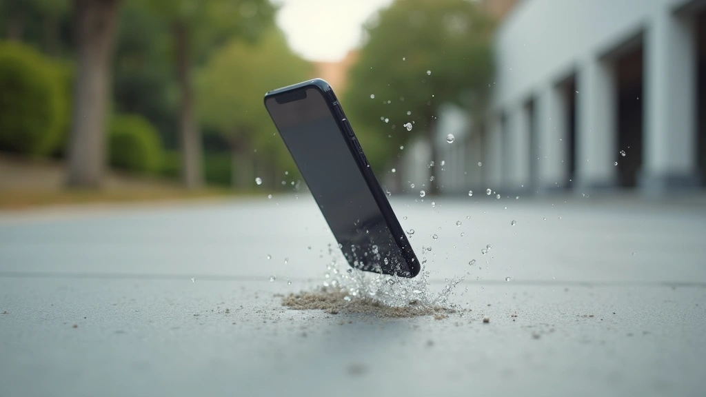 Drop test sequence showing smartphone falling in slow motion onto concrete surface with impact moment captured, dynamic action photography with clear device visibility and environmental context