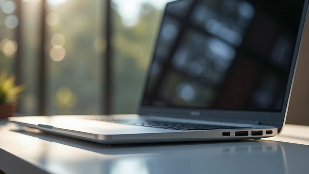 Professional aluminum laptop computer with thin bezels, sleek design, premium finish, sitting on modern desk with professional lighting, showing port connectivity, photorealistic product photography