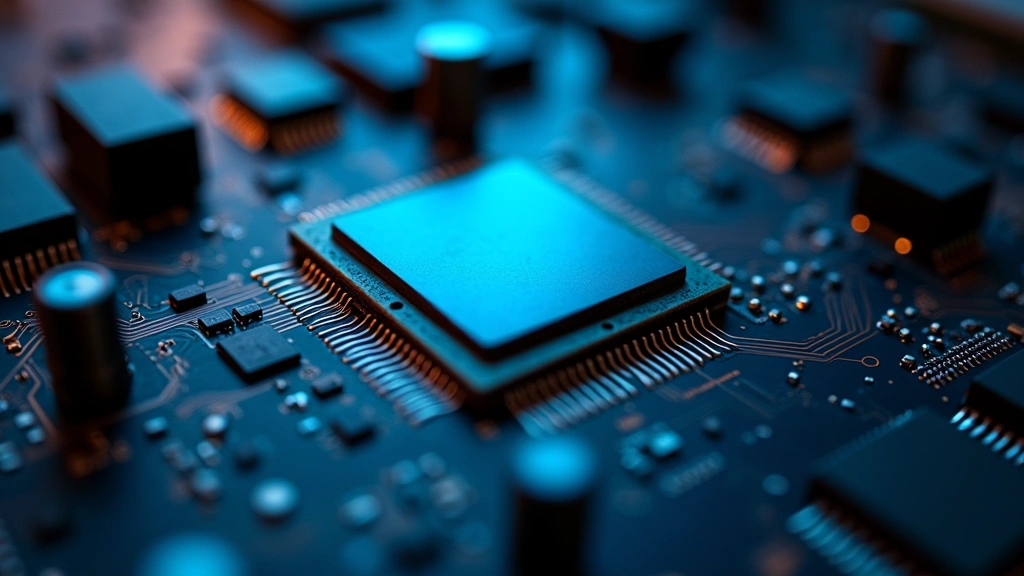 High-performance laptop processor chip closeup, intricate circuitry patterns, technological components, professional tech photography with shallow depth of field, no text or logos visible