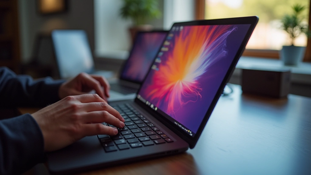 Person using portable computing device for creative work, hands on keyboard, OLED display visible with vibrant colors, professional workspace environment, natural lighting, tech lifestyle photography