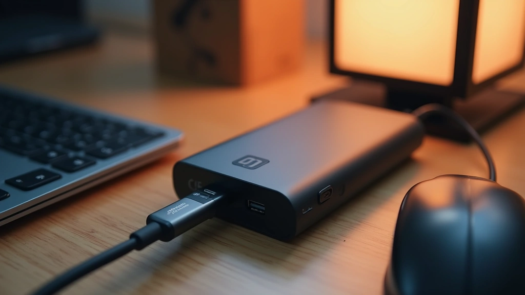Flat lay of Arrow Tech power bank with USB-C cable and smartphone on modern desk, warm lighting, shallow depth of field
