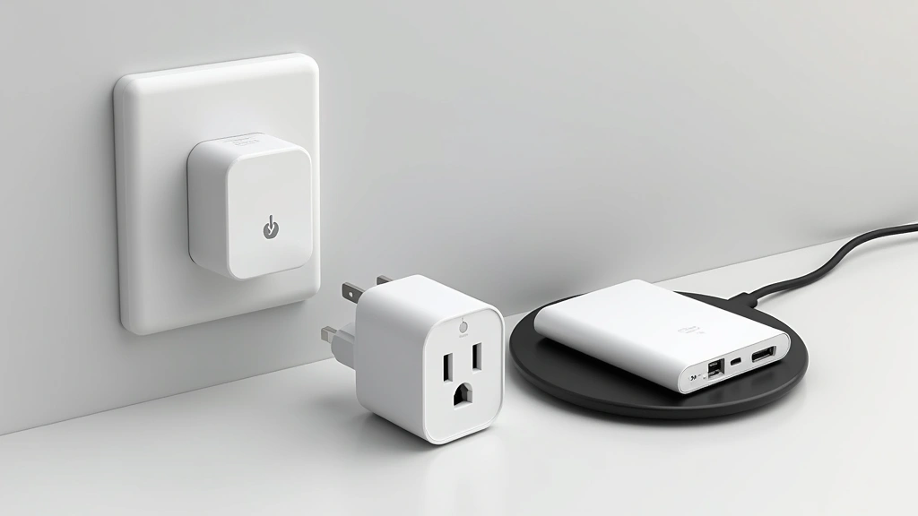 Multiple Arrow Tech gadgets arranged together: wall charger, power bank, smart plug, and wireless charging pad on minimalist surface