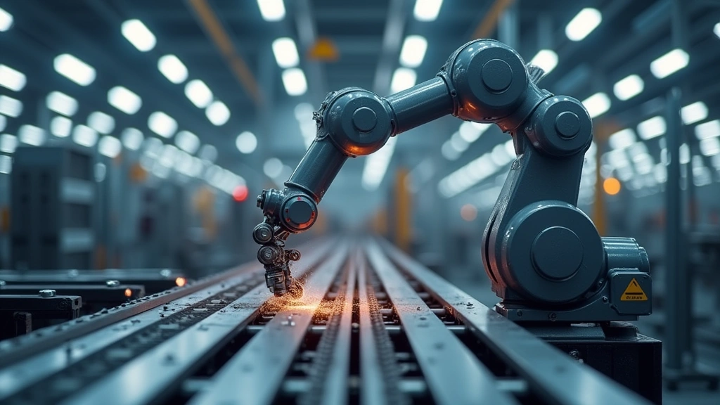 Advanced robotic arm performing precision manufacturing task on industrial assembly line with metallic components and modern factory lighting