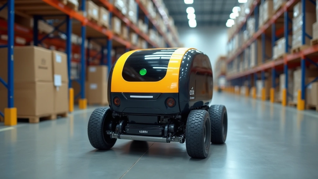 Autonomous mobile robot navigating through warehouse with boxes and pallets, equipped with advanced sensors and navigation systems