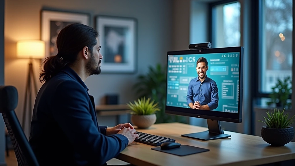 Professional tech recruiter in modern office conducting video interview with software engineer on computer monitor, realistic lighting, contemporary workspace