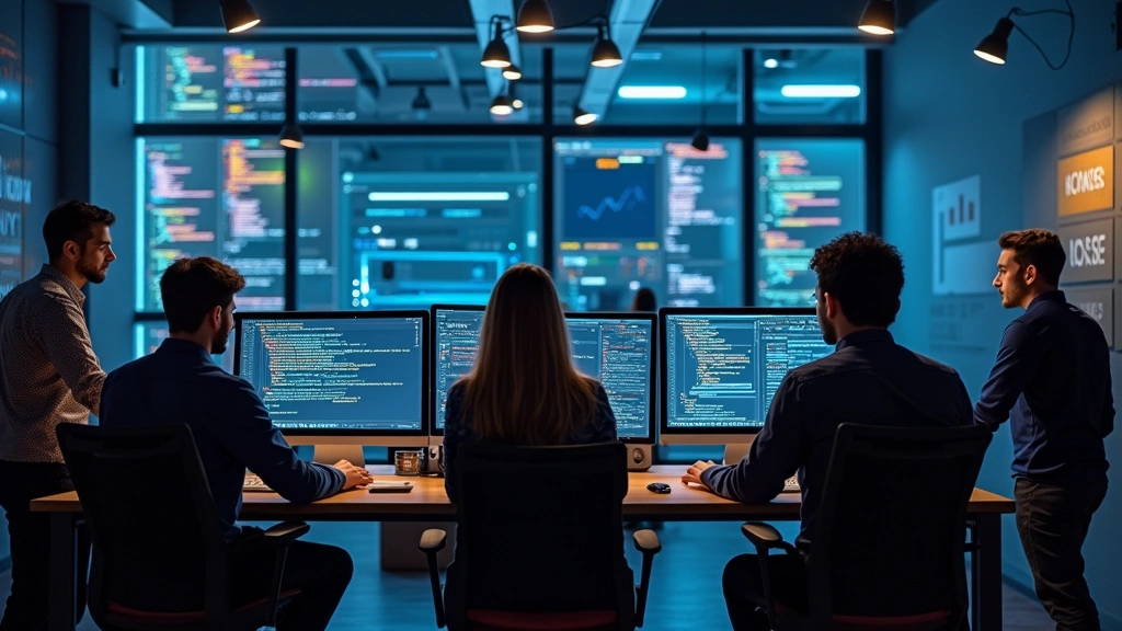 Diverse team of technology professionals collaborating at standing desk with multiple monitors displaying code and cloud infrastructure dashboards