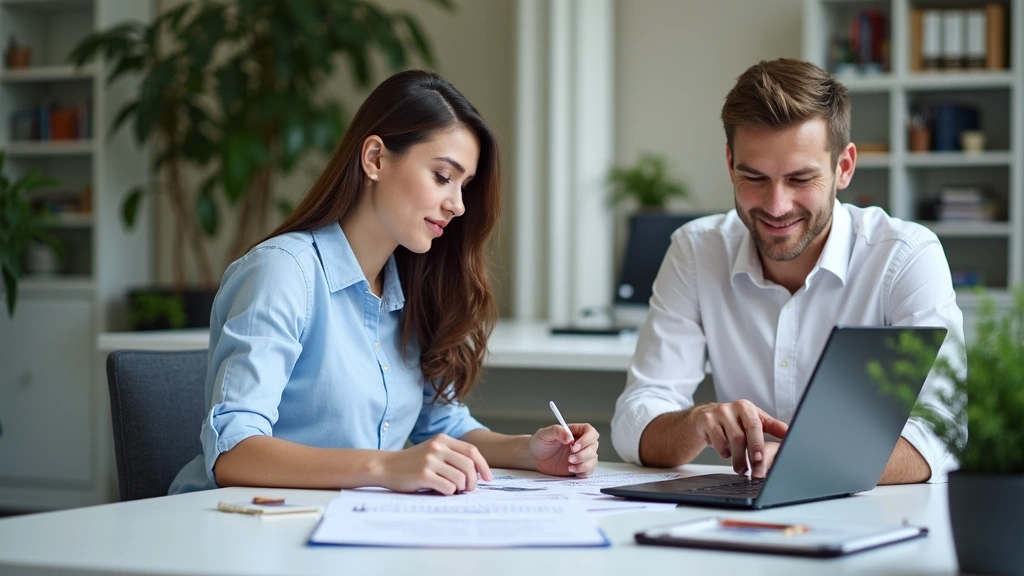 Career counselor reviewing technical resumes and candidate portfolios with laptop and tablet on organized desk, professional environment