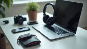 Professional tech gadgets arranged on minimalist desk - smartphone, laptop, headphones, smartwatch, camera equipment displayed with modern workspace aesthetic, natural lighting, shallow depth of field, high-end product photography style