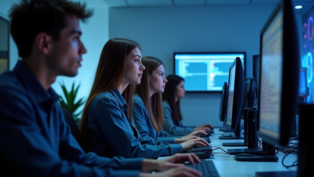 Modern high school computer lab with students working on desktop workstations and dual monitors, professional IT training environment with networking equipment visible in background