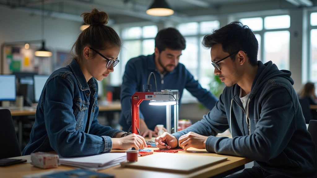 Engineering workshop with students using 3D printer and CAD workstation, fabrication equipment and prototypes visible, collaborative learning space with industrial-style design