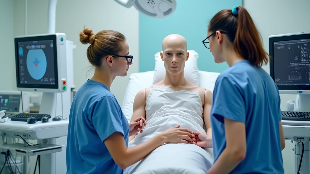 Healthcare simulation center with medical mannequin and student practicing clinical skills, modern medical equipment and monitors, professional healthcare training environment